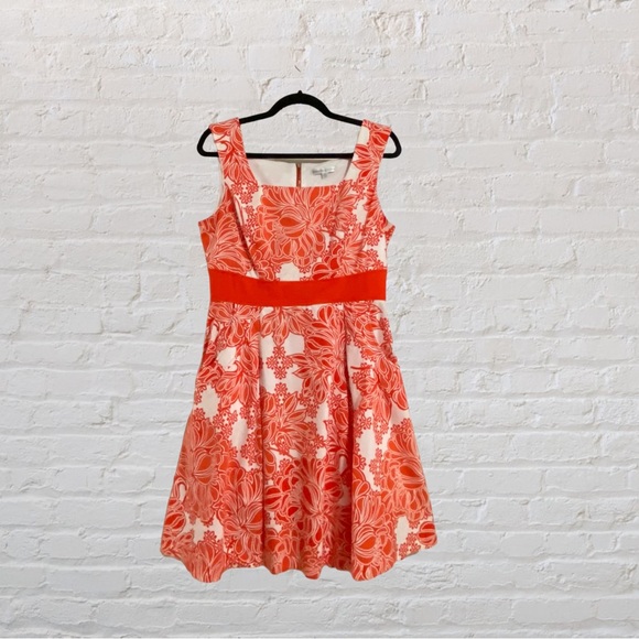 105. SANDRA DARREN Sleeveless Floral Knee Length Dress - Orange & White -Size 10 - Picture 1 of 8